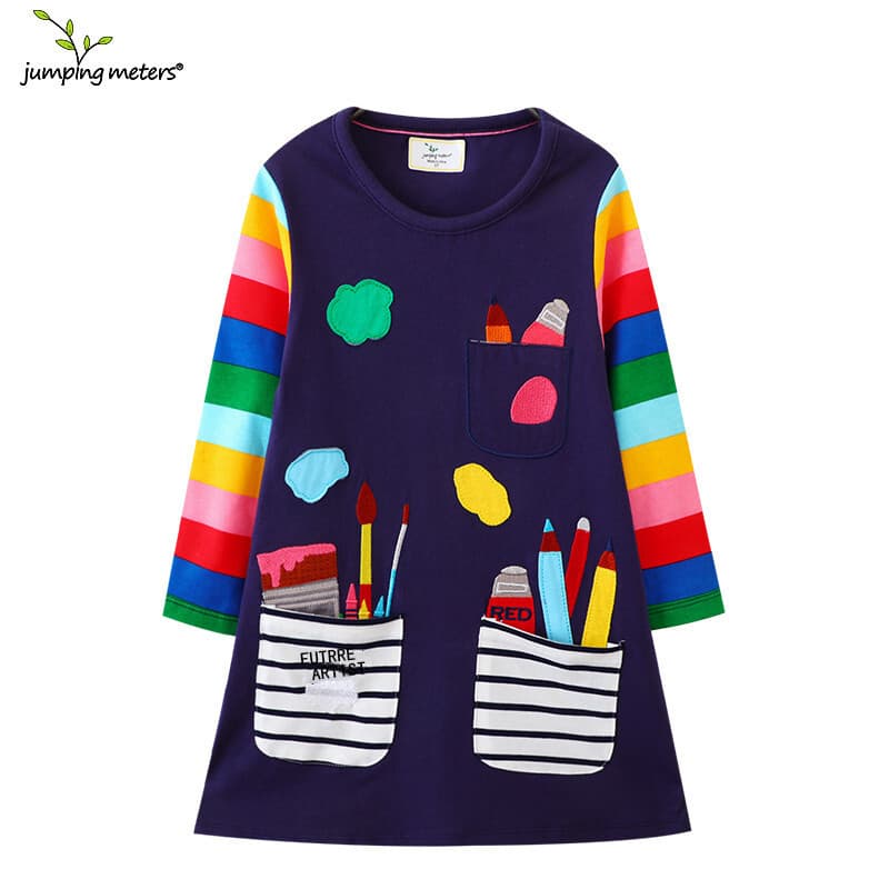 Girls Autumn Dress Drop Shipping Girls Short Sleeve Cotton Dress A-Line Skirt Embroidered Pocket Girls Dress