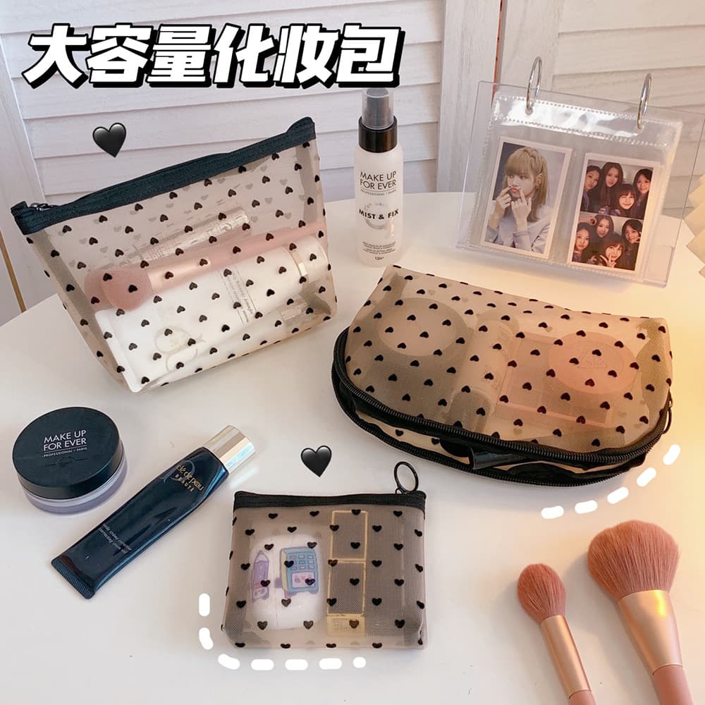 Ins Mesh Cosmetic Bag Heart Cosmetics Bag Simple Large Capacity Toiletry Bag Portable Cosmetics Bag