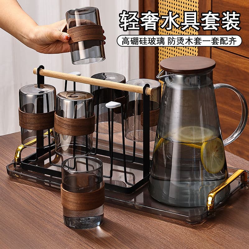 High-temperature resistant glass drinking cup, Chinese style, household use, light luxury tea set, water set, living room, guest reception, explosion-proof cold water kettle