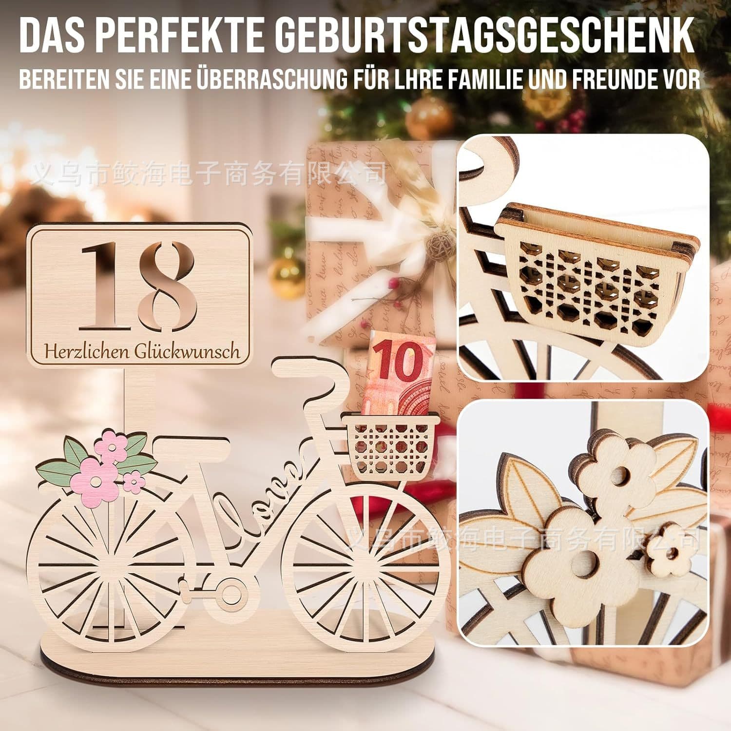 Cross-border Hot-selling DIY Wooden Bicycle Birthday Sign Craft Decoration Ornament Natural Wood Birthday Money Gift