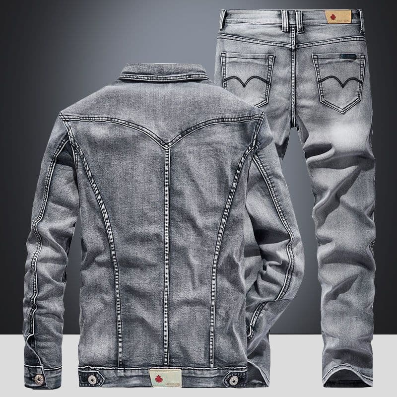 Men's denim suit for spring and autumn, Korean style, trendy, loose fit, plus size, two-piece, versatile outerwear, casual jacket.