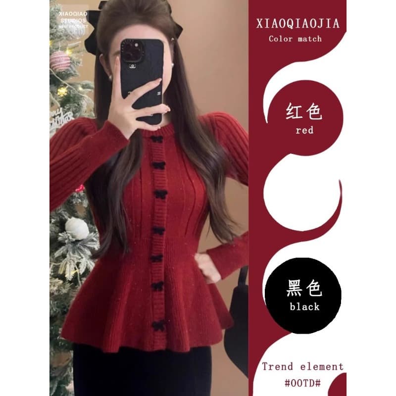 French Ruffled Hem Knit Cardigan Base Layer for New Year Outfit 2025 Autumn/Winter Red Inner Sweater
