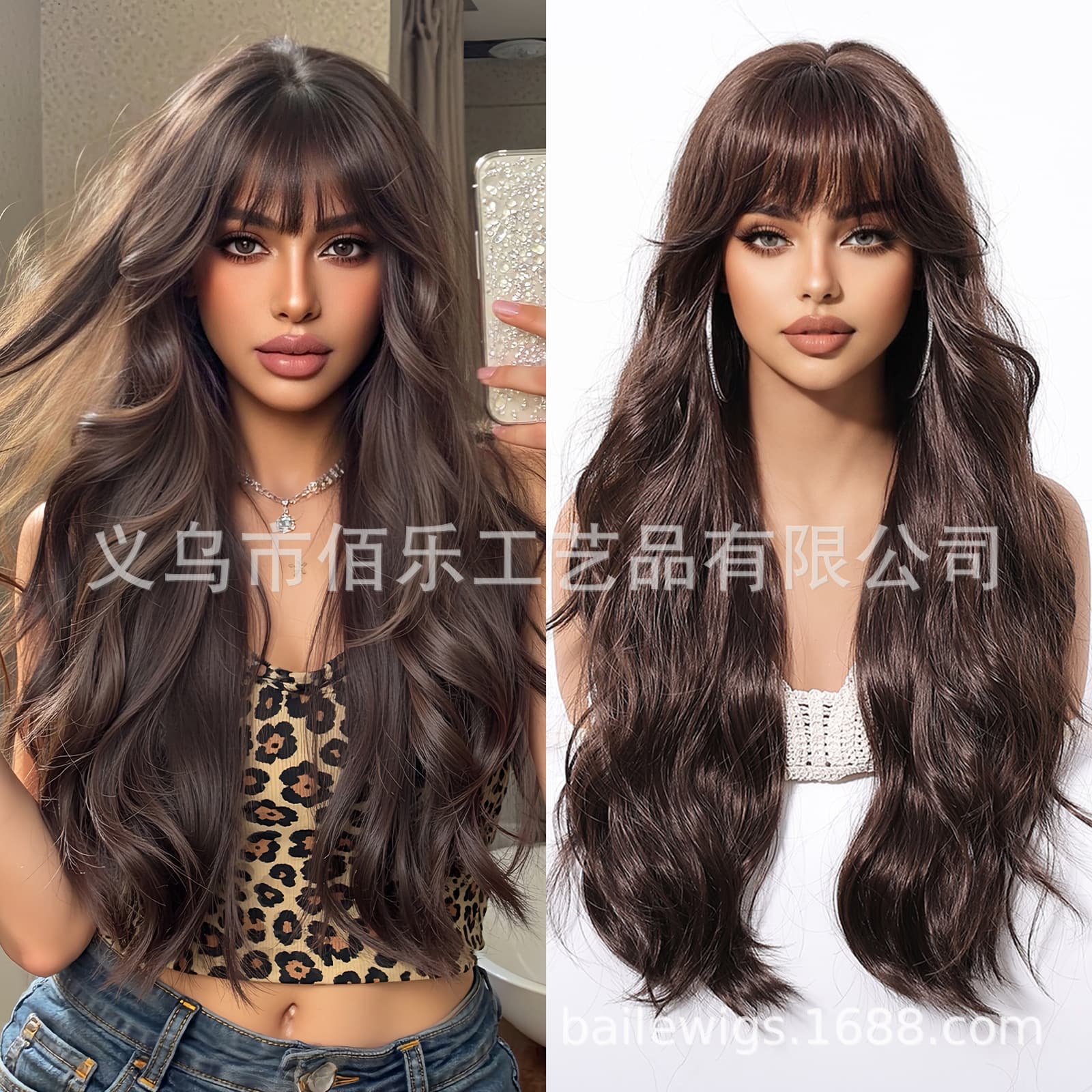 New Cross-Border Wig Brown 26-Inch Blunt Bangs Long Curly Full Wig Synthetic Hair for Women European and American Style In Stock