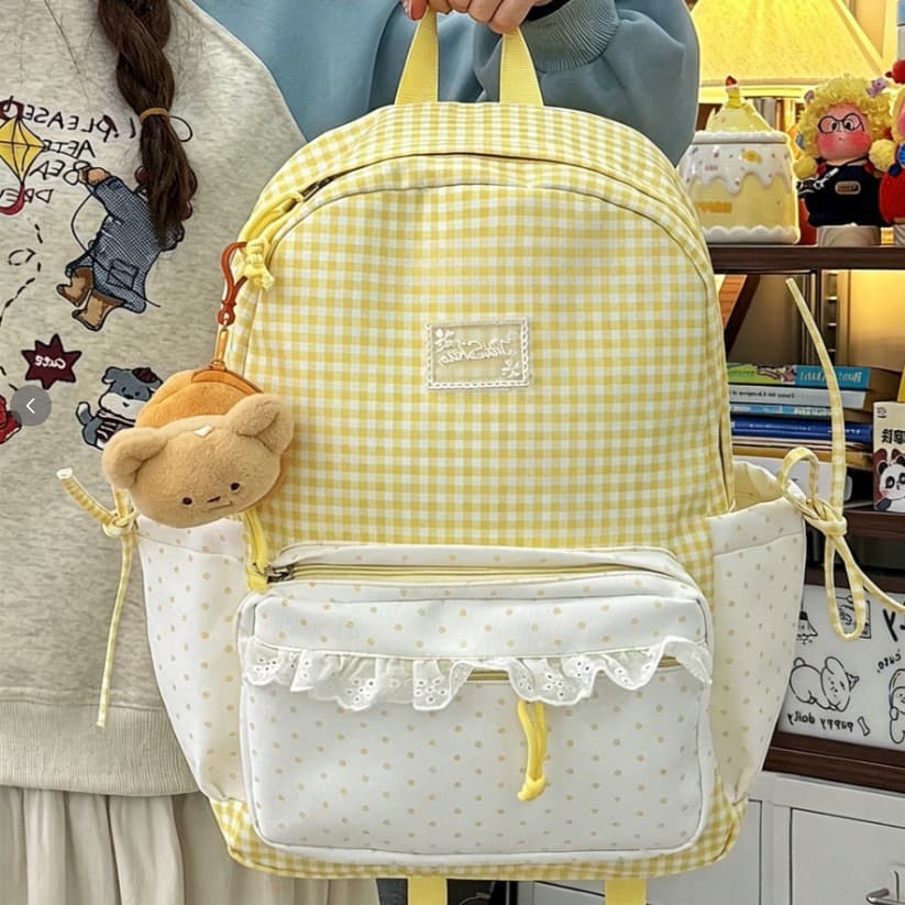 Milk Fufu Plaid Polka Dot Lace Trim Girly Travel Mini Backpack, Japanese Sweet Style Student Backpack