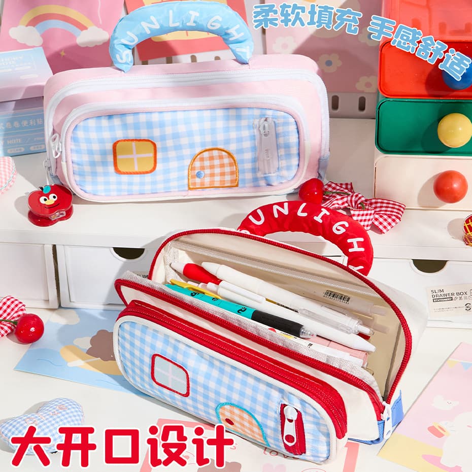 Cute little house pencil bag, large capacity, high-looking stationery bag, multi-functional waterproof pencil case, student-friendly, girly