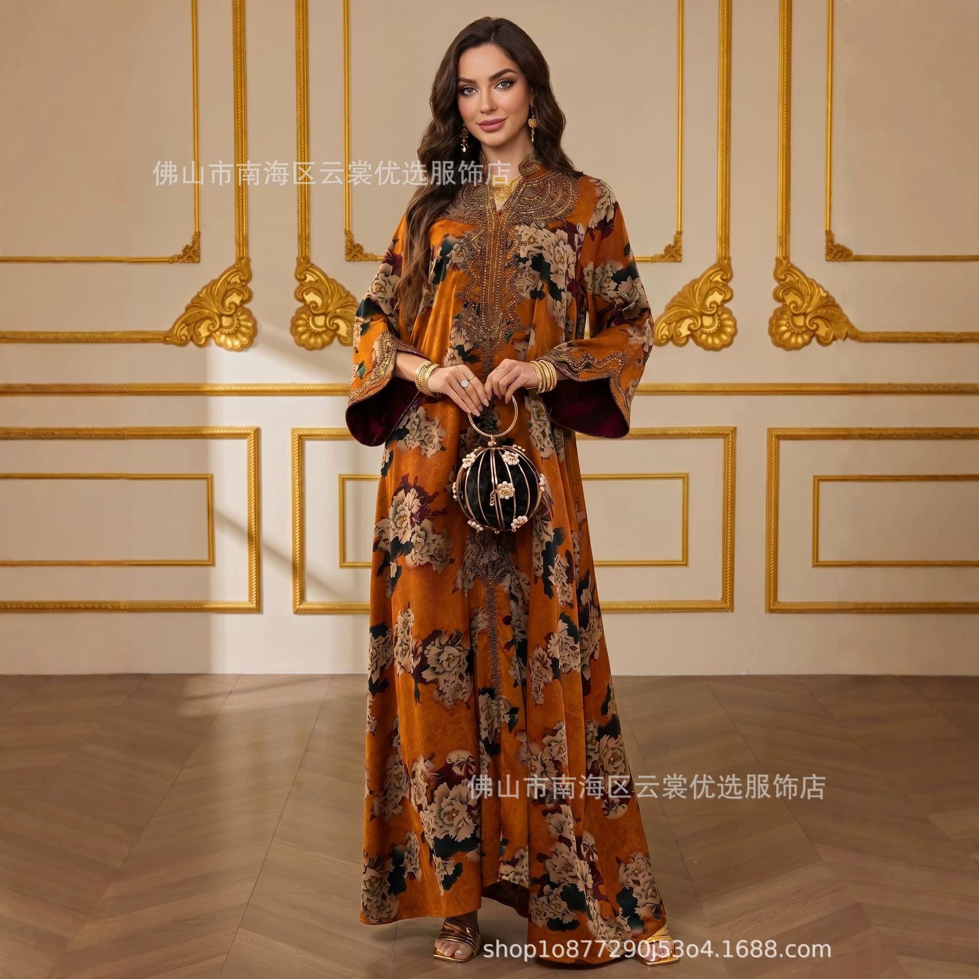 Cross-border Trade Elegant Vintage Floral Heavy Embroidery V-Neck Loose Fitting Slimming Printed Dress