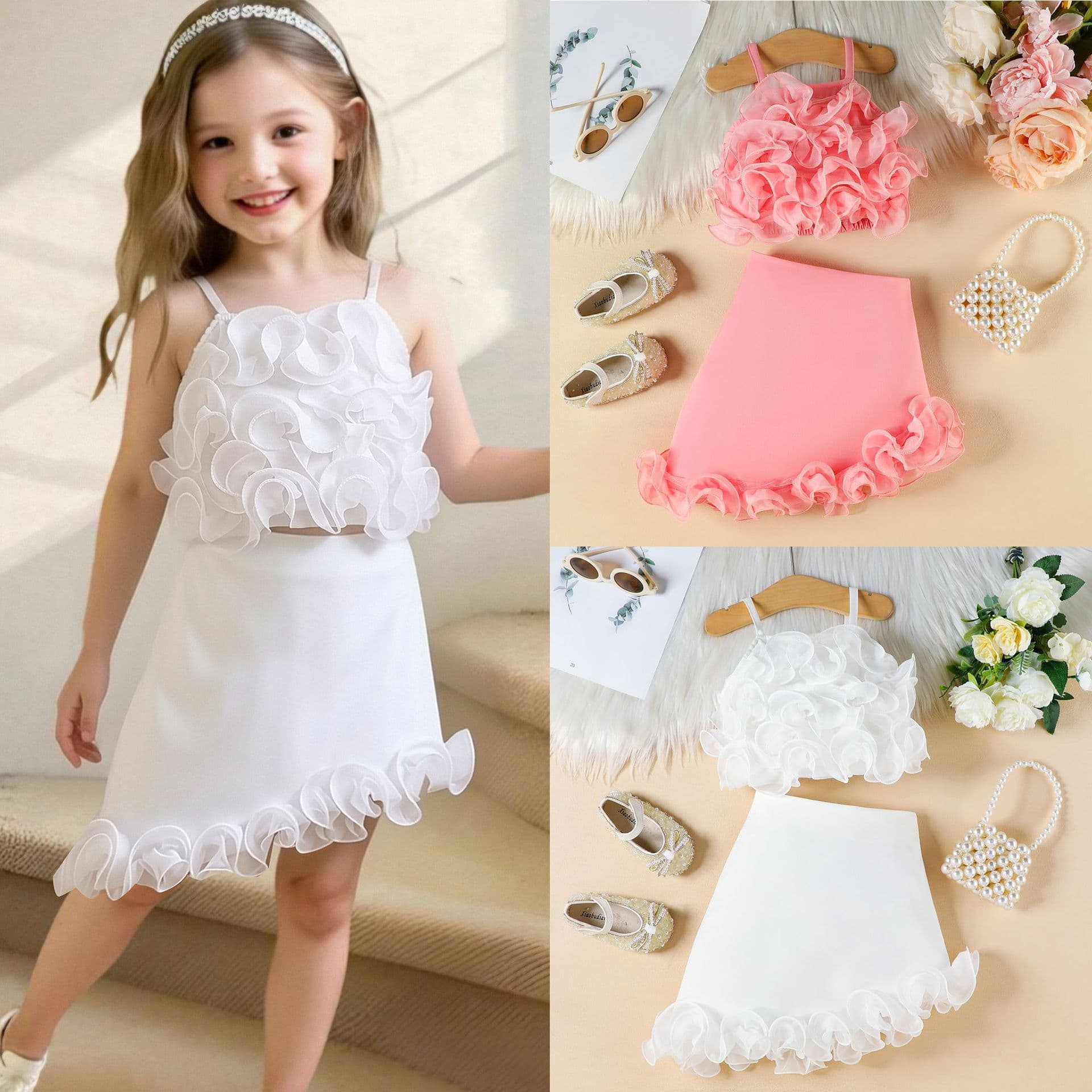 Cross-border Amazon new summer girls fashion solid color three-dimensional flower halter top irregular skirt suit