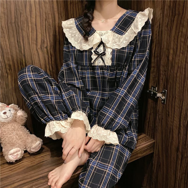 Autumn Pajamas Women Court Style Doll Collar Japanese Girl Plaid Loungewear East Asia Wholesale Pajamas