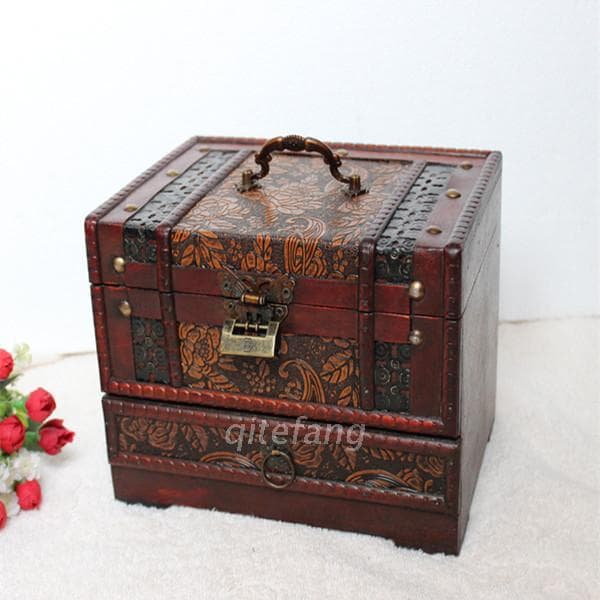 Chinese-style antique wooden jewelry box with lock, vintage wooden storage box, classic multi-layer with mirror