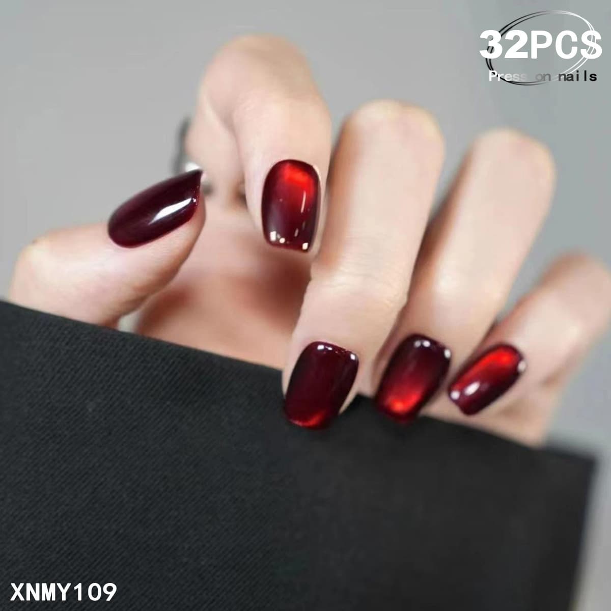 32 Pieces Pure Desire Style Handmade Short Square Wine Red Dynamic Cat Eye Nails Removable Wearable Nail Tips