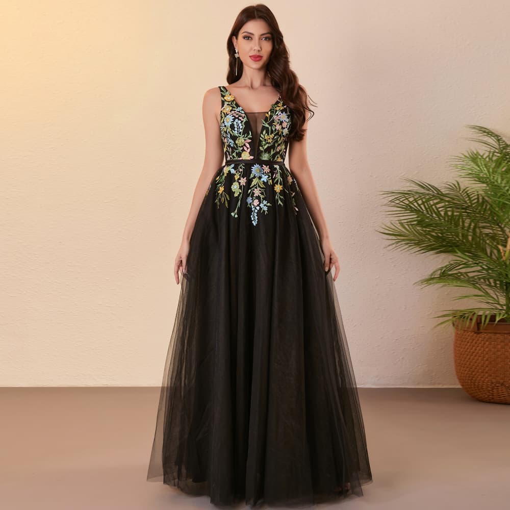 Cross-border European and American Deep V-Neck Prom Dress 3D Colorful Embroidered Lace Formal Banquet Mesh Gown Long