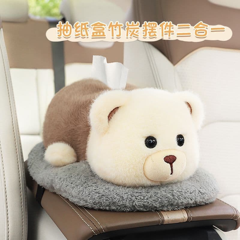 Car Tissue Box Armrest Storage, Creative Bamboo Charcoal Bag Decoration, Premium Plush Ornament for Interior