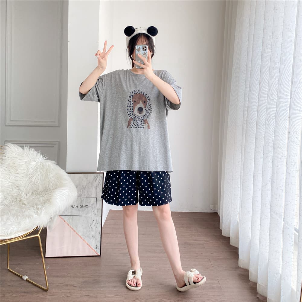 Short Sleeve Pajamas for Women Summer Cute Headband Dog Print Loungewear Plus Size Fat mm 200 lbs Polka Dot Shorts Set
