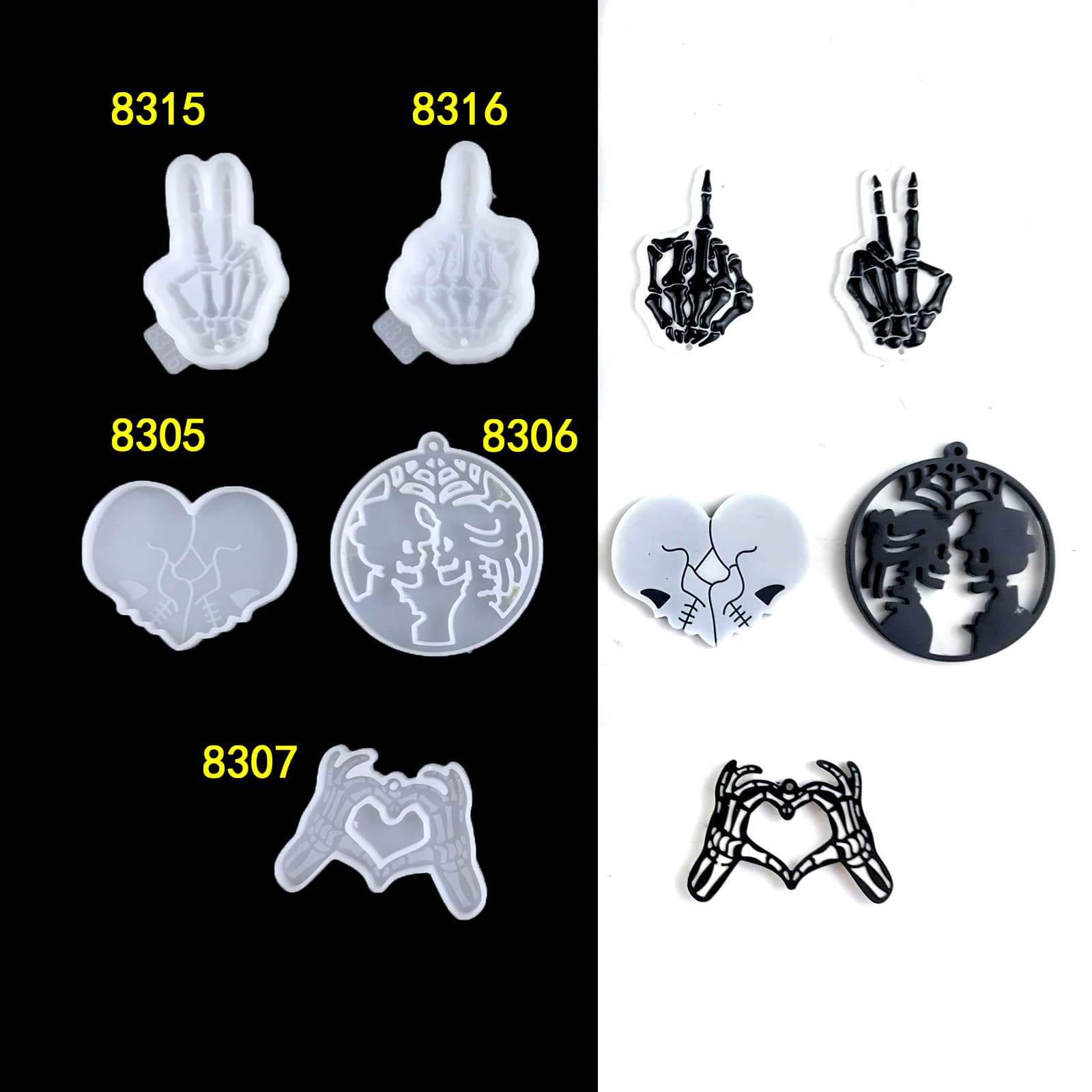 Round Skull Keychain Resin Mold DIY Semi-3D Skull Finger Heart Skull Pendant Silicone Mold