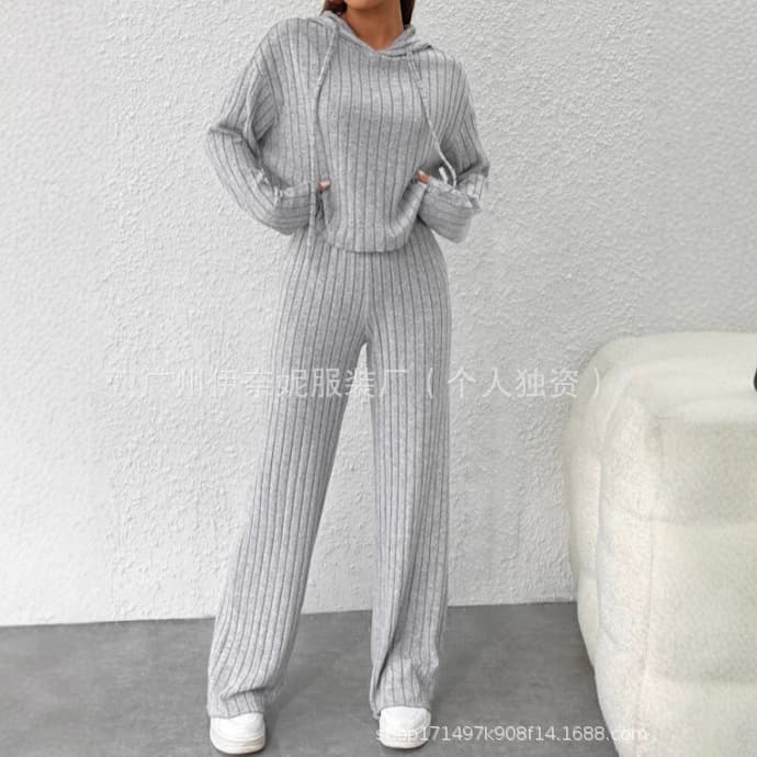 European and American Fall/Winter 2025 Cross-Border Casual Knit Long-Sleeve Set Women's Export Hoodie and Loose Pants Two-Piece Set