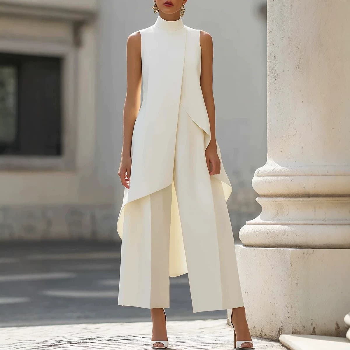 2026 European and American Fashion New Style, Commute Slimming Irregular Design, Elegant High Neck Sleeveless Faux Two-Piece Jumpsuit