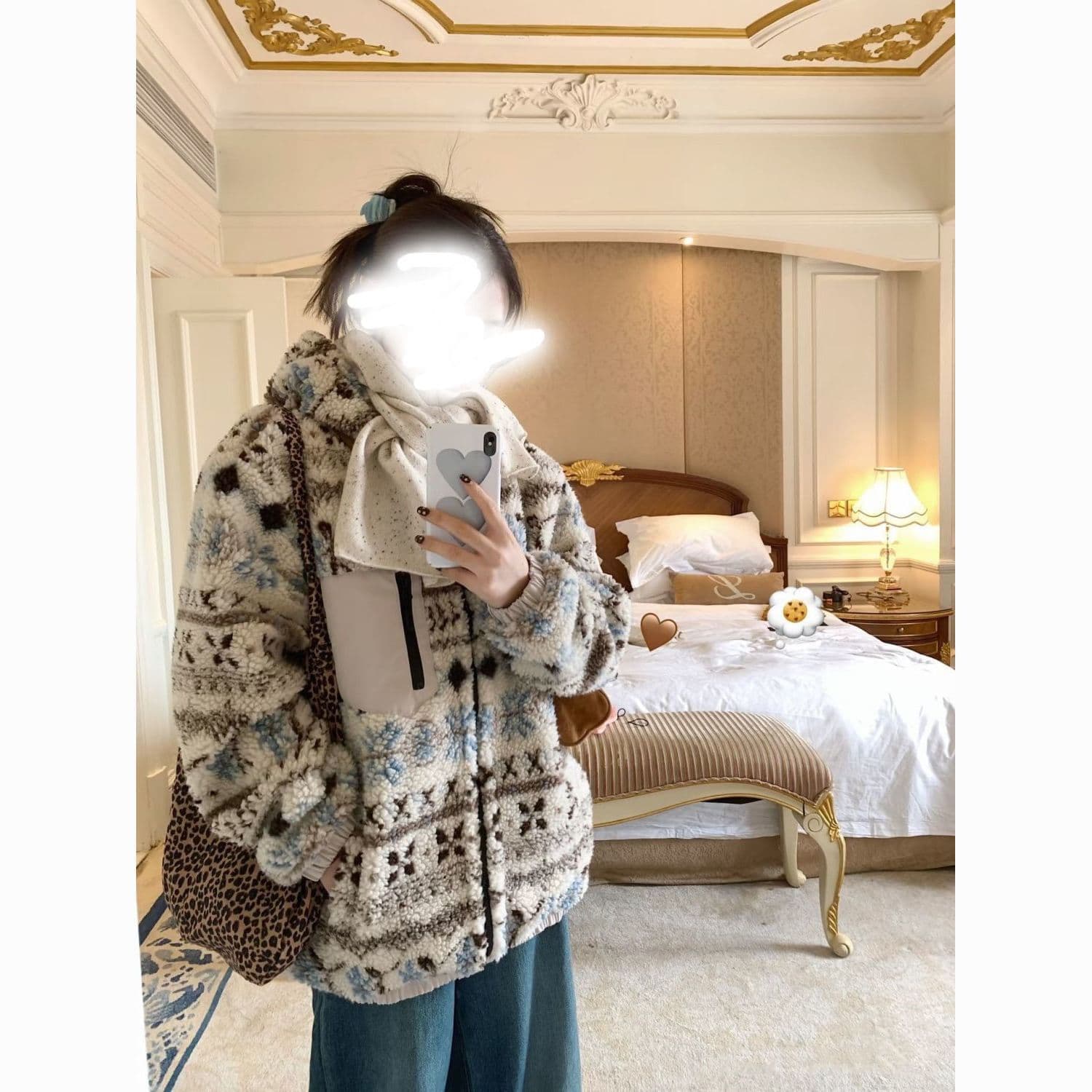 Fair Isle Korean Style Faux Lamb Wool Fur Hooded Coat Women Loose Versatile Winter Warm