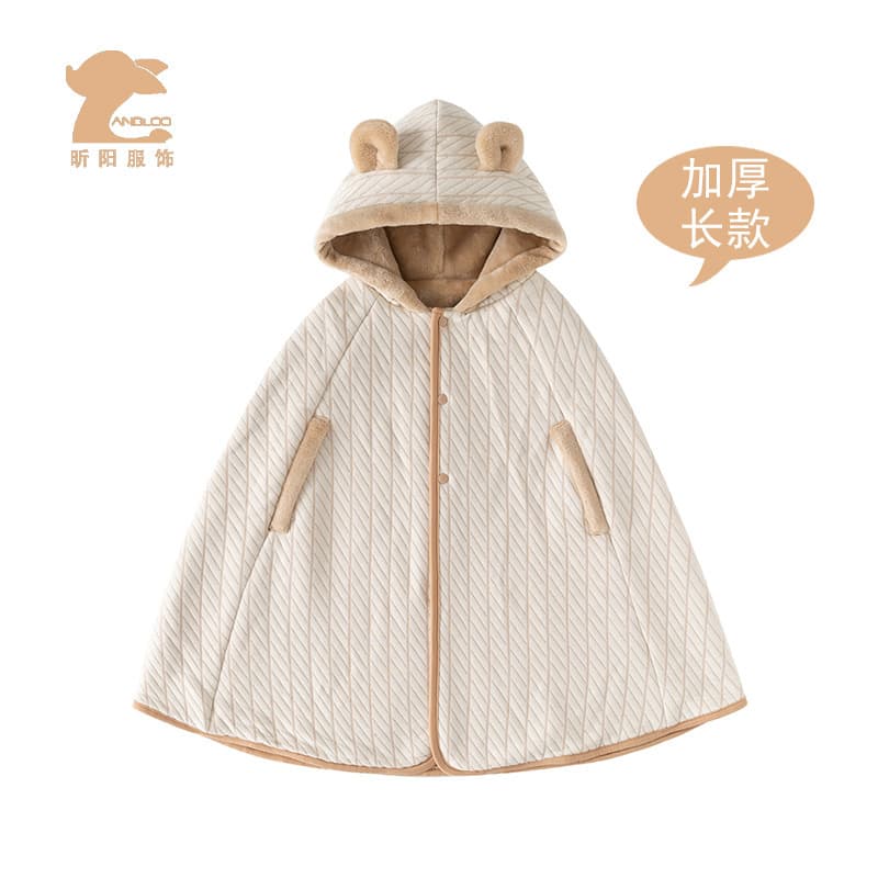 Bear-themed windproof cape coat for babies, cute winter thick fleece children's clothing, long cloak.