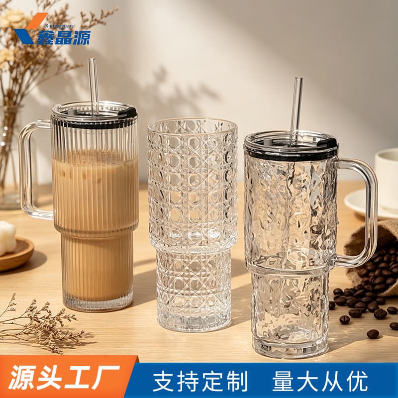 Large Capacity Glass Tumbler with Handle and Straw, Giant Size, High Aesthetic with Lid, Office Coffee Water Cup for Women