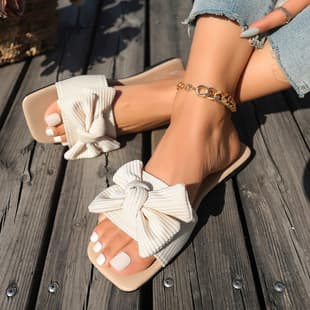 Bow Slippers Women Summer Outdoor 2026 Cross-Border New Flat Beach Shoes Fashion Sandals Amazon