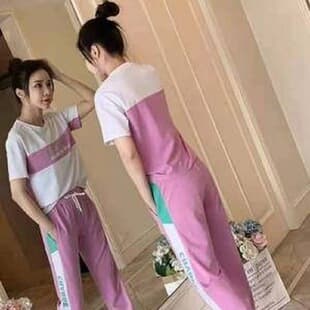 Summer Trendy Hip-Hop Student Short-Sleeve T-Shirt, Casual Sportswear Set, Loose Color-Block Pants Two-Piece for Women