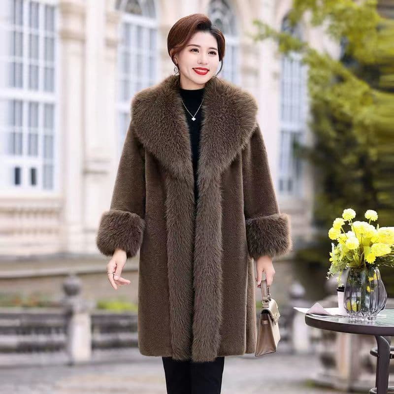 2026 Winter New Faux Otter Fur Coat with Faux Fox Fur Collar, Long Style Haining Faux Fur Jacket