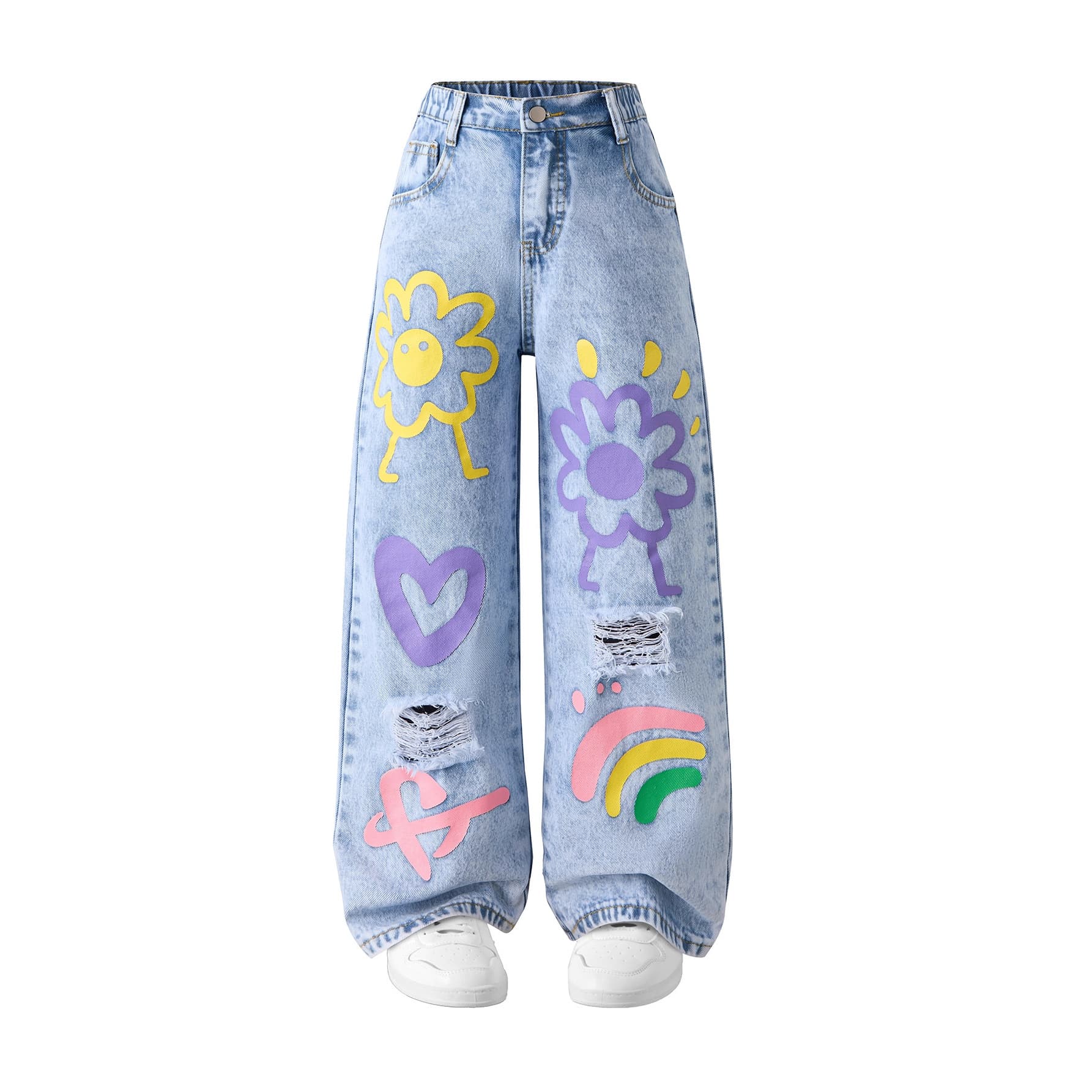 Cross-border European and American Amazon.WISH. Teenage girls snowflake washed hole printed wide leg jeans