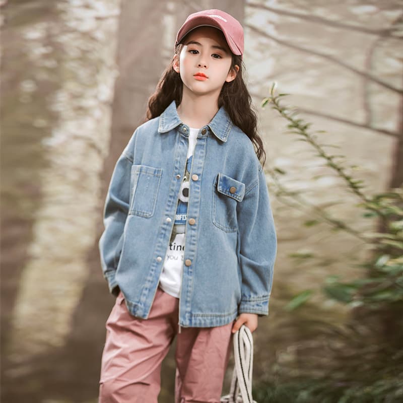 Girls Denim Jacket Spring Autumn Fashionable Children's Shirt Korean Style Cotton Coat for Ages 8 And above Cross-Border Export