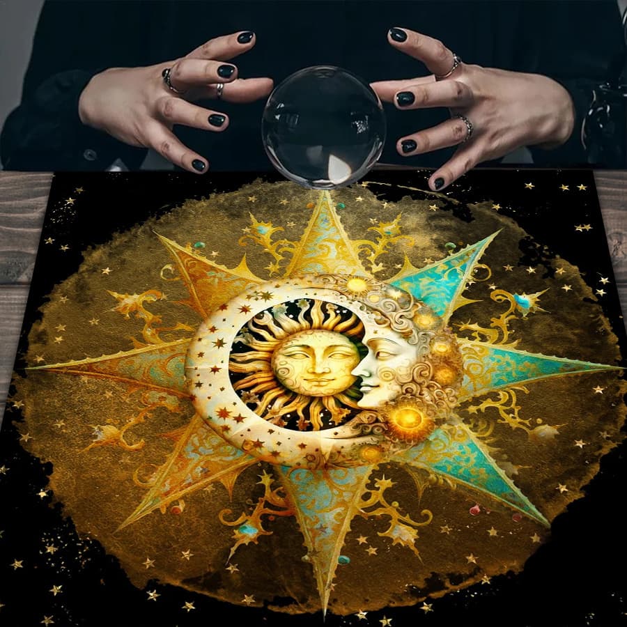 Cross-Border Hot Selling Vintage Flower Sun Moon Altar Cloth Five-Pointed Star Tarot Card Black Oracle Mat Tarot Tablecloth Pad
