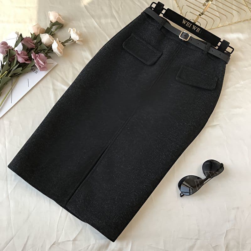 Women's 2025 New Style Wool Midi Skirt with Slit, Pear Shape, Suitable for Outerwear, Mid-Length, Thick for Winter