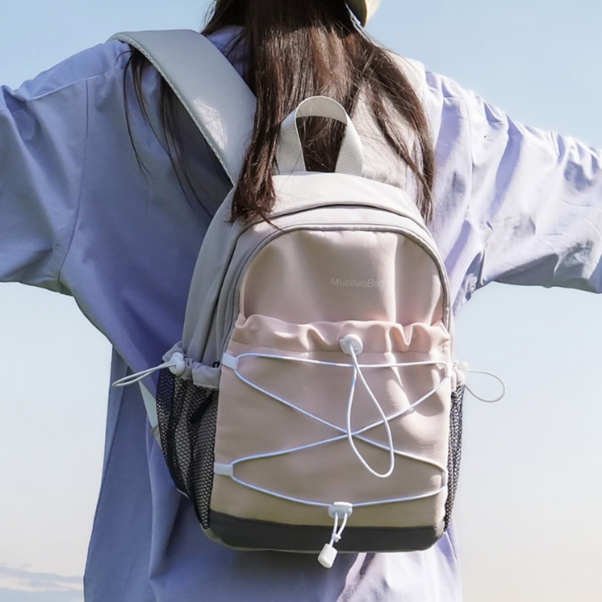 Matte Textured Color-Block Drawstring Backpack Youthful Girl Camping Mini Backpack Casual Commute Versatile Daypack