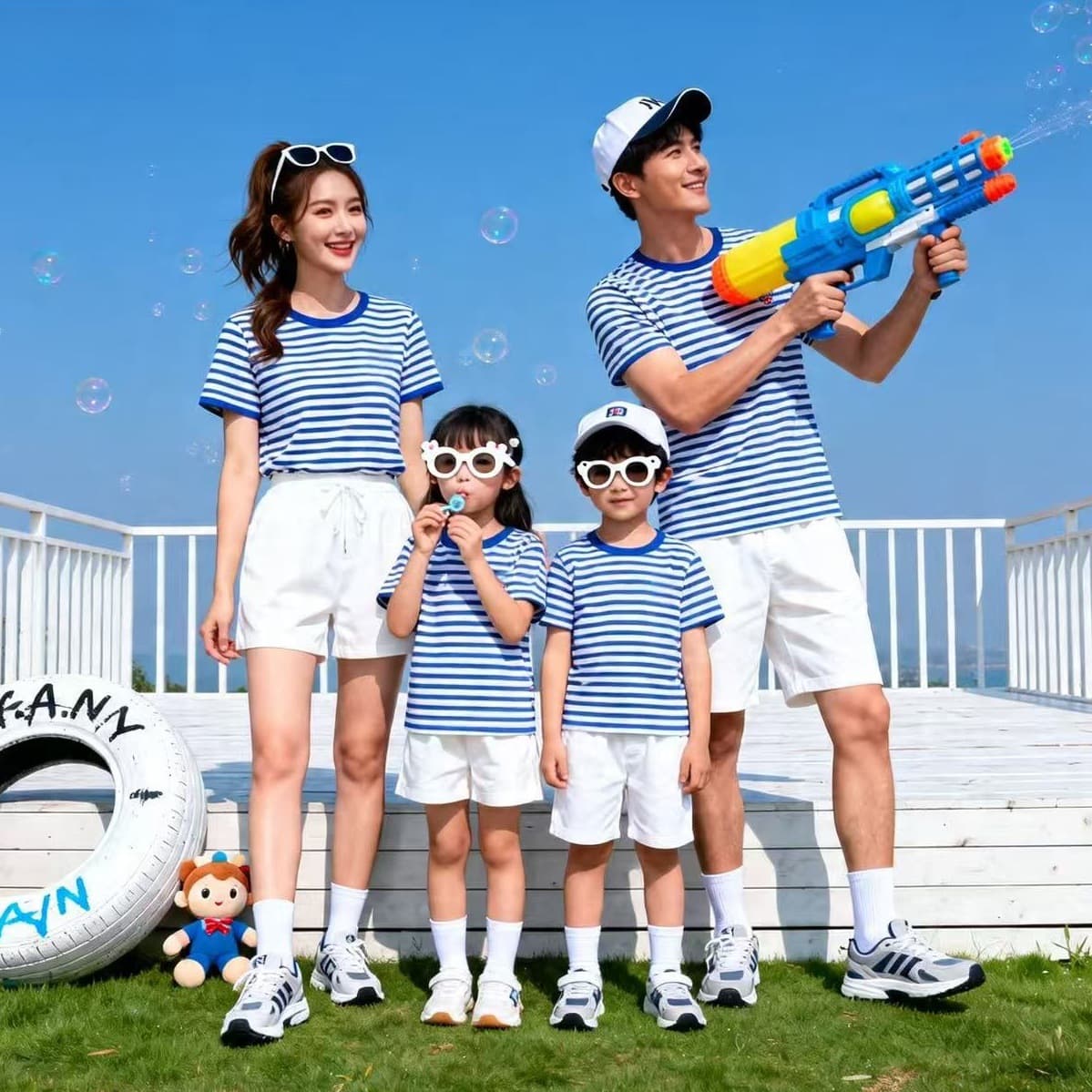 Striped Breton Shirt Family Matching Set Summer Cotton T-Shirt Patriotic Navy Style Performance Costume for 3-4 People