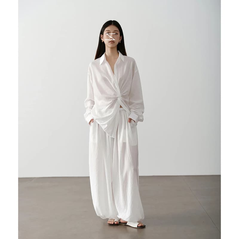 Casual Vintage Twist Pleated Loose Mid-Length Sun-Protection Shirt Tencel Linen Set Summer Flowing Lantern Skirt Pants Long