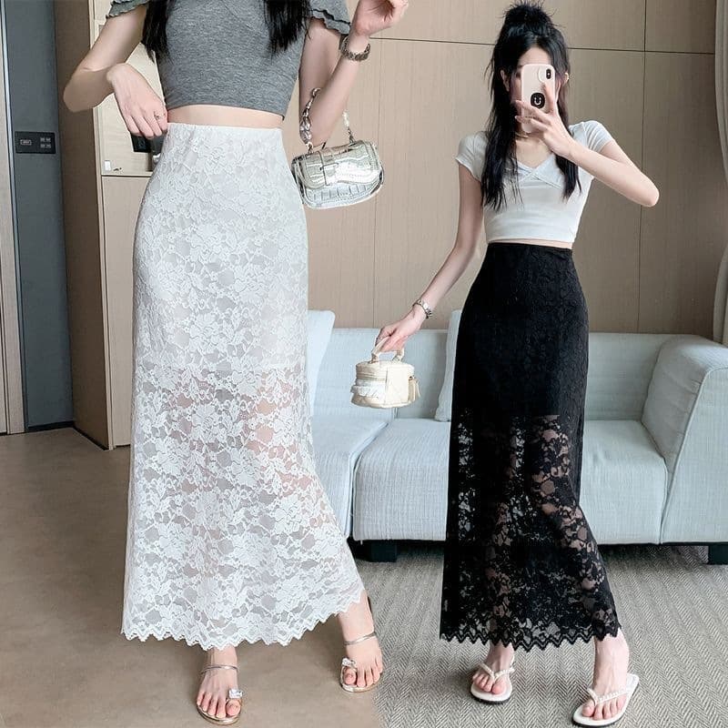 Lace Mesh Skirt Women Summer 2026 New Fashion Elegant High Waist Slimming Flowing A-Line Bodycon Long Skirt