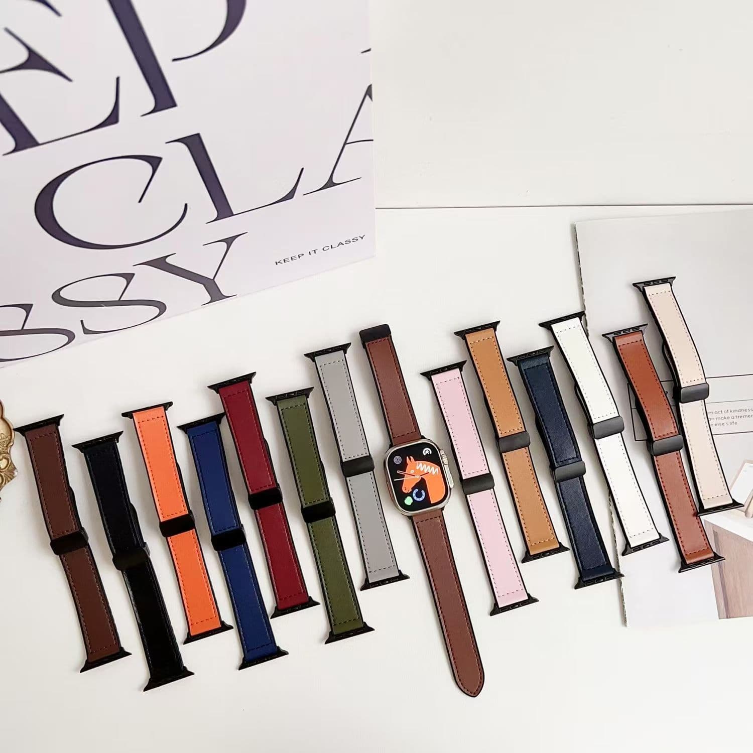 Compatible with Apple Watch 5/6/7/8/9 Ultra Magnetic Buckle Crazy Horse Grain Silicone Leather Strap