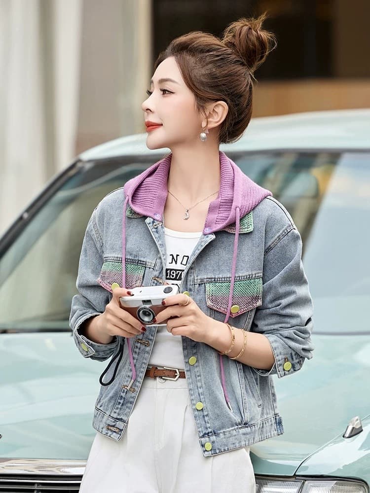Contrast color knitted hooded denim jacket for women European station 2025 early spring new Korean style foreign style versatile slimming jacket