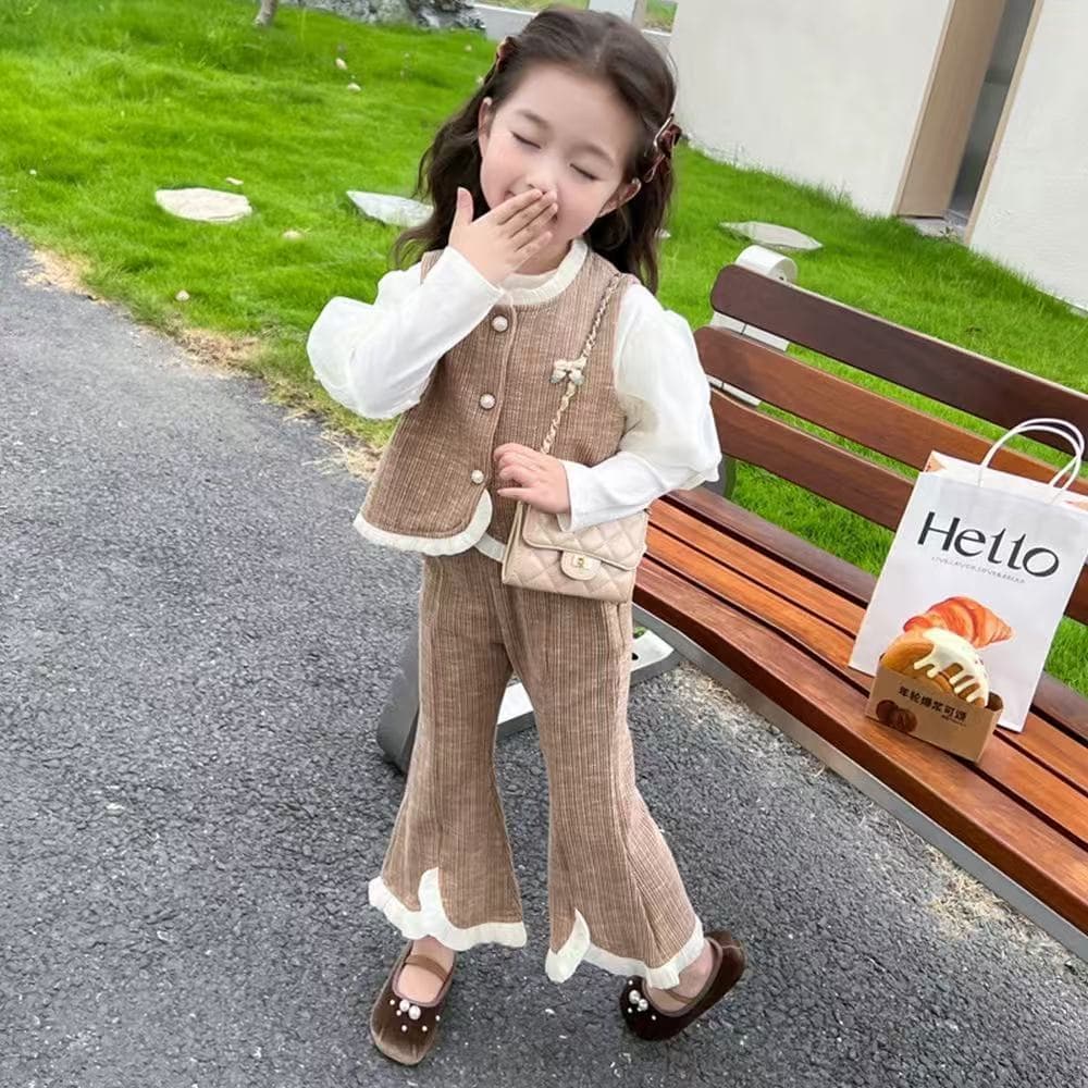 2026 New Trendy Girls' Little Fragrance Style Vest Three-Piece Set Baby Fashionable Set for Spring/Autumn