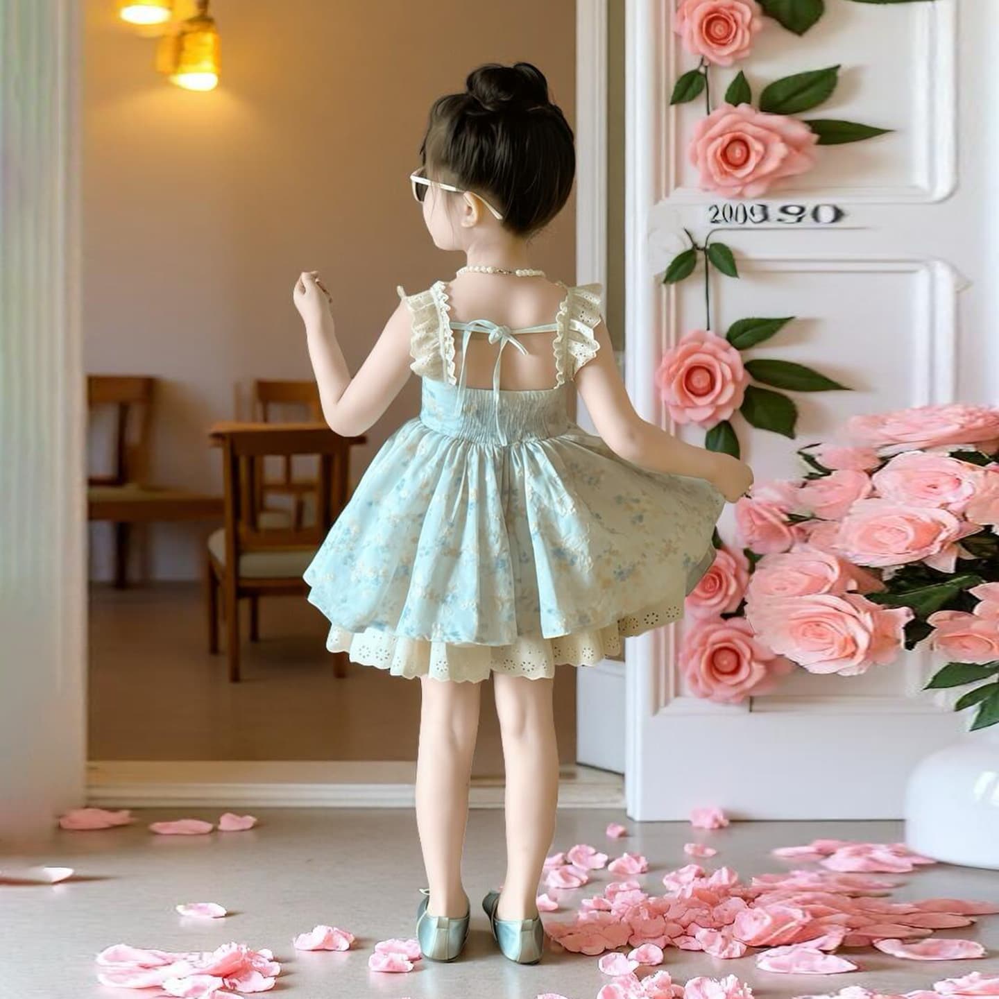 【In Stock Fast Shipping】Girls Floral Small Flutter Sleeve Dress Summer New Sweet Princess Dress Korean Style