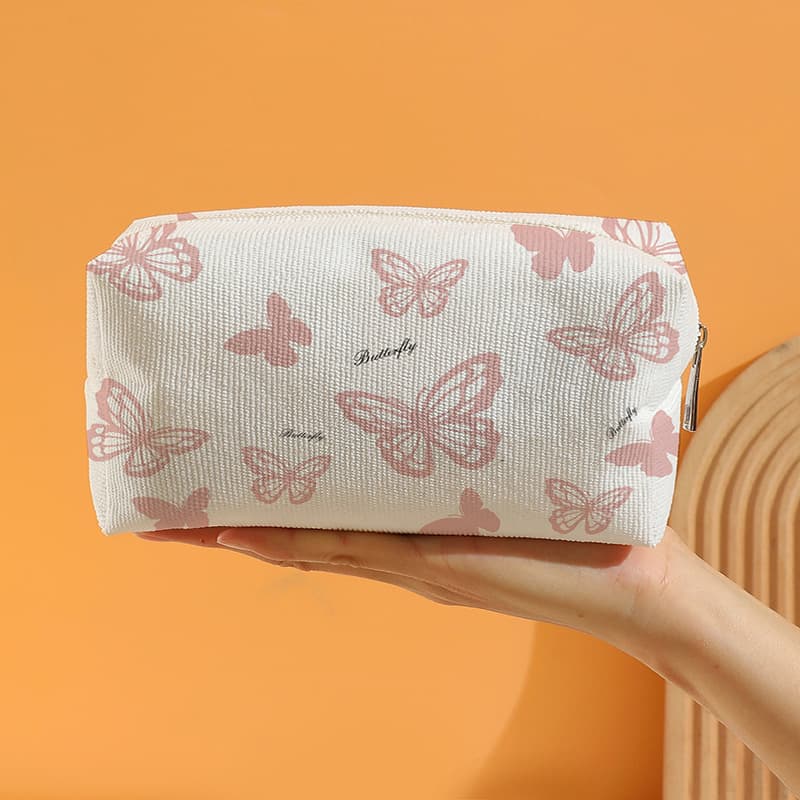 Amazon Bestseller White Background Pink Butterfly Women's Makeup Bag Corduroy Cosmetics Storage Bag Octagonal Large Makeup Bag