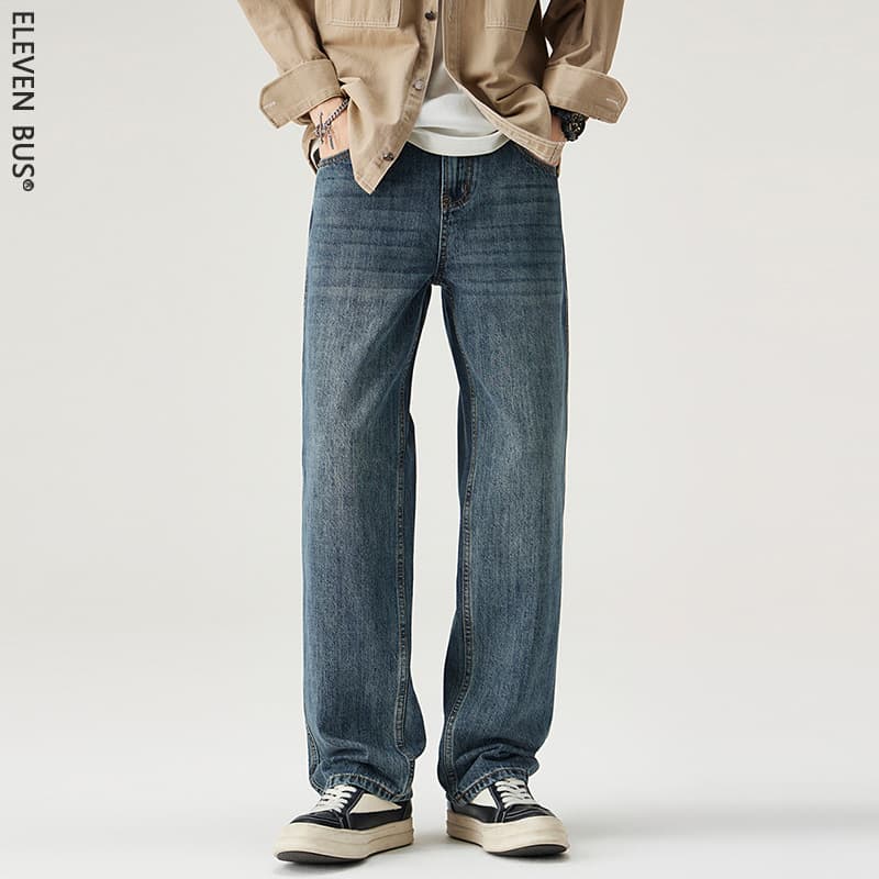 American Street Style Loose Straight Wide Leg Jeans for Men, New Retro Washed Casual Denim Pants