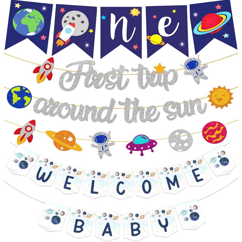Space Theme Earth Banner ONE High Chair Flag Birthday Hat WELCOME BABY Bunting Airplane Pull String