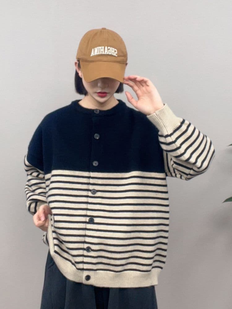 New spring/autumn loose figure-concealing knit cardigan, plus-size women's Korean style versatile striped