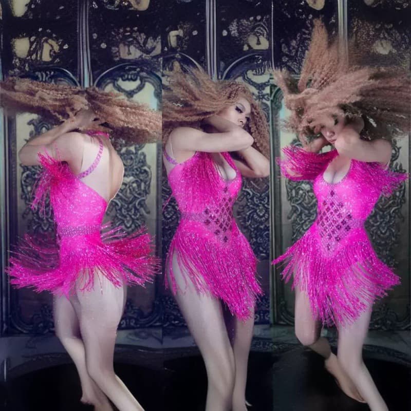 Party Rhinestone Long Fringe One-Piece Square Waist-Tight Sexy Bodysuit Stage Performance Costume