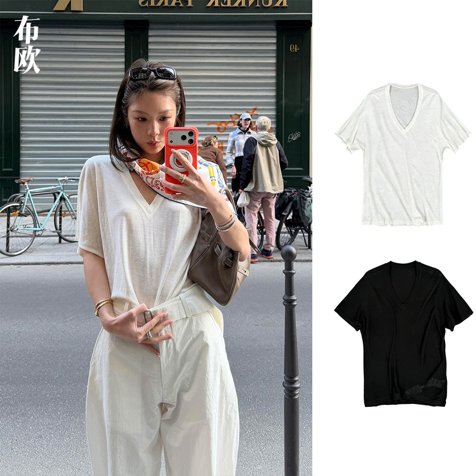 Original LYCRA Linen Fabric Nanyang Thin T-Shirt V-Neck Short Sleeve Slim Fit 3D Tailoring Design Black