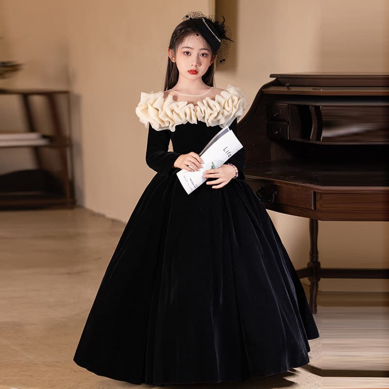 French Velvet Long Sleeve Children's Dress Spring Style Little Girl Birthday Princess Outfit Piano Performance Hostess Gown