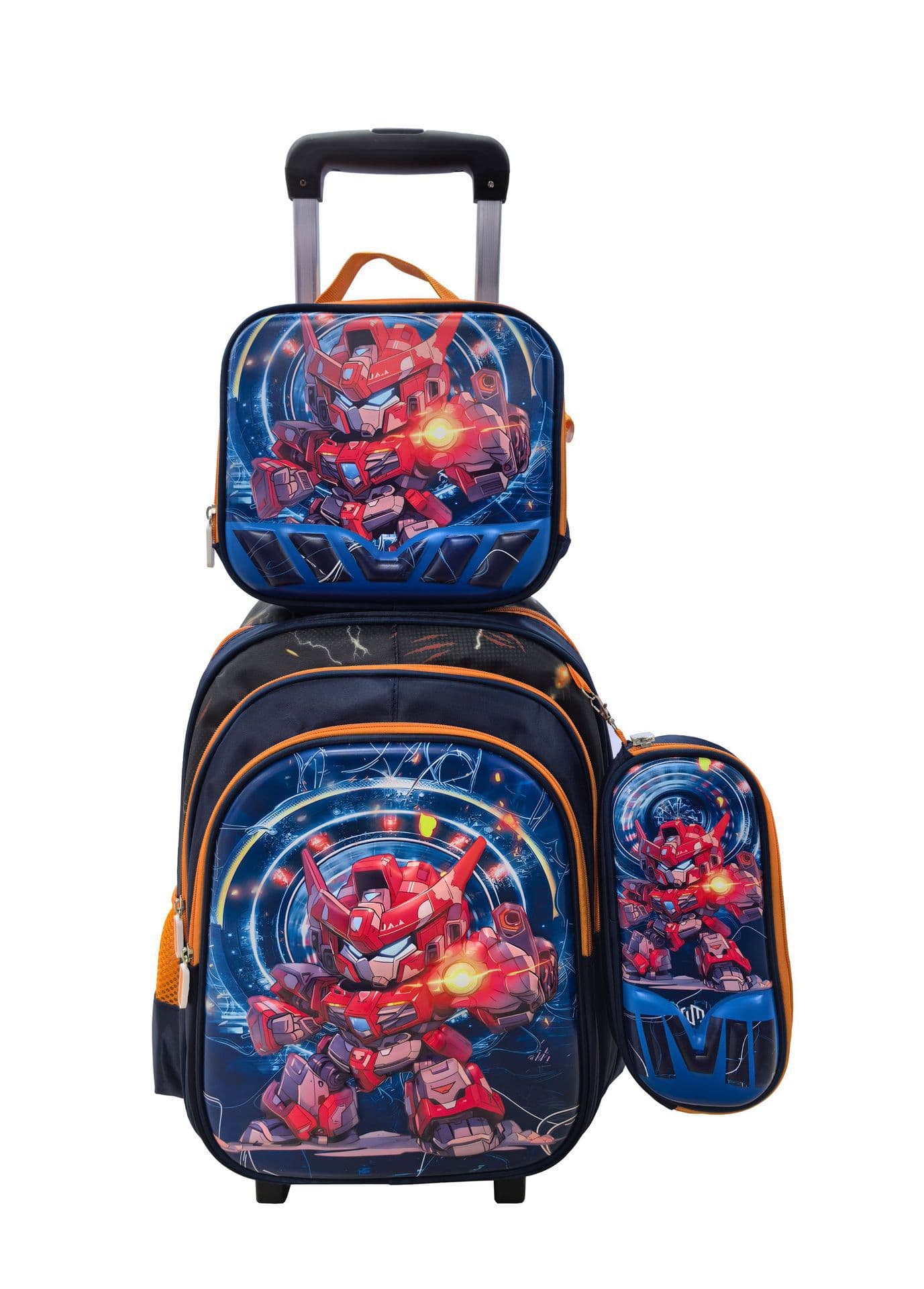 New Cross-border 3D Leather Elementary Student Nylon Fabric 3-Piece Set Kids Trolley Backpack Lunch Bag Factory Stock