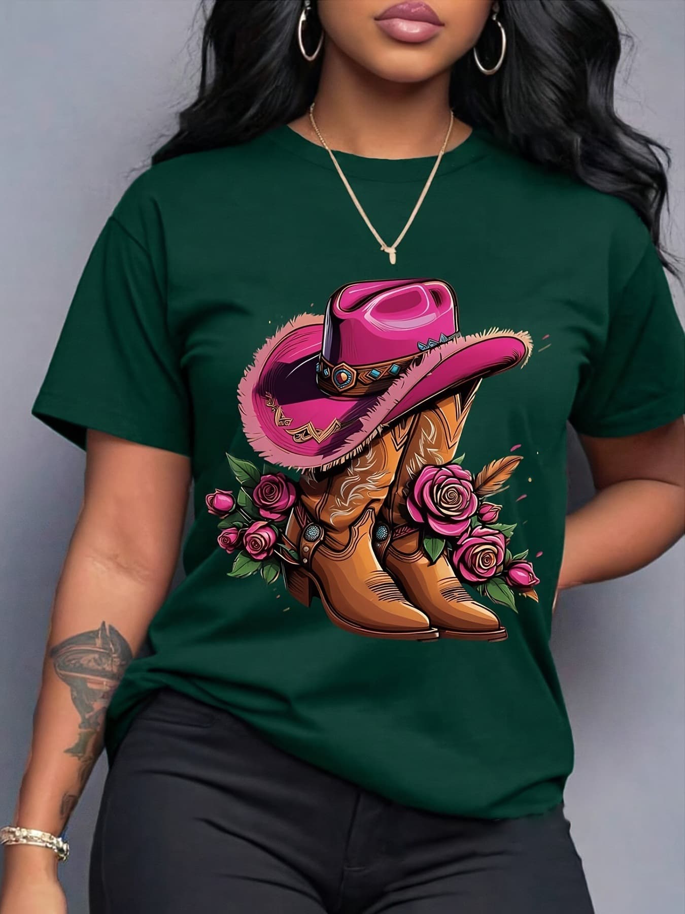 Women's Casual Crew Neck T-Shirt with Pink Cowboy Boot & Flo