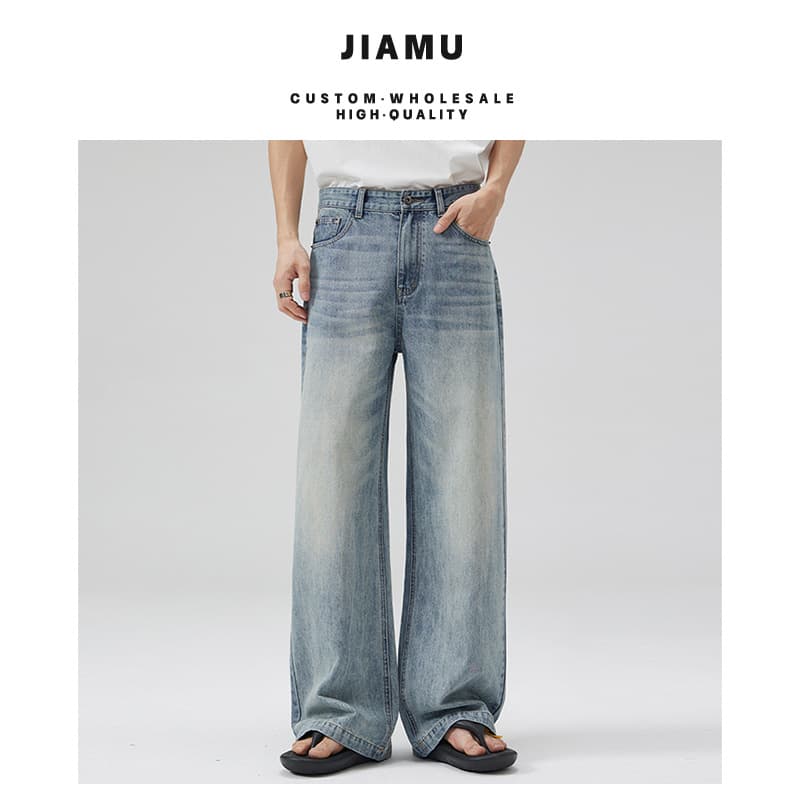 JIAMU American High Street Baggy Jeans Light Blue Whisker Denim Jeans Unisex Straight Loose Wide Leg