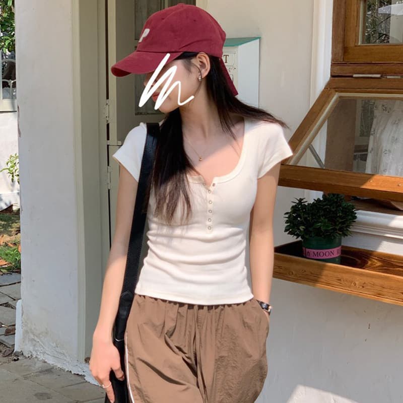 Threaded Cotton Button Blouse Women Short Sleeve Summer New Square Neck Versatile Outerwear Slim Fit Top Base Tee Korean Style