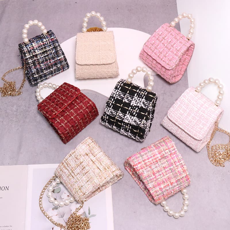 Bags for women, autumn and winter cotton and linen concave and convex shape women's crossbody bags, niche design, pearl handheld small square bags